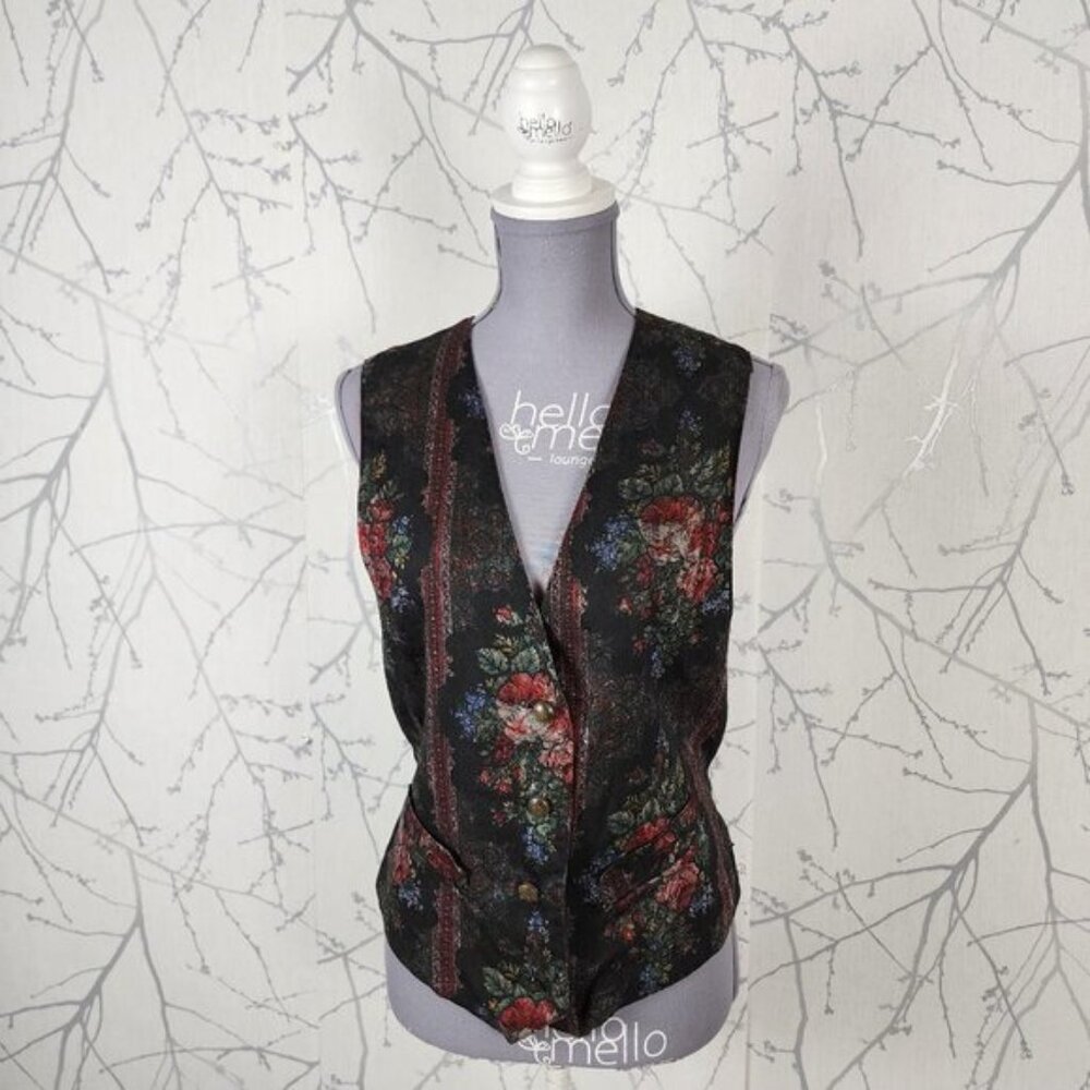 Unbranded Vintage Black Floral Print Button Front Waistcoat Vest